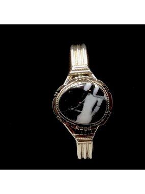Sterling Silver White Buffalo Cuff Bracelet Native American Signed 28.8g Size6.5